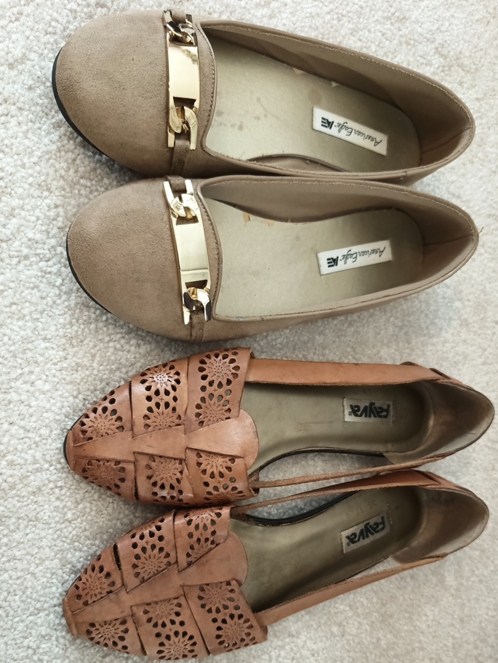 Set of 2 - AmerEagle 8 Tan  Loafers w/ Gold  & FAYVA Chestnut Leather Flats 8.5